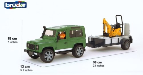 Bruder Внедорожник Land Rover Defender c прицепом-платформой, гусеничным мини экскаватором 8010 CTS и рабоч