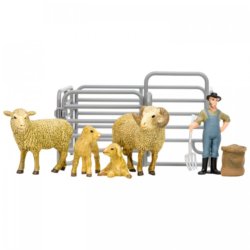 На ферме (фермер, семья овец, ограждение-загон, инвентарь)
