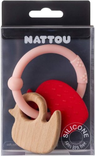 Nattou silicone and wood teether strawberry and duck